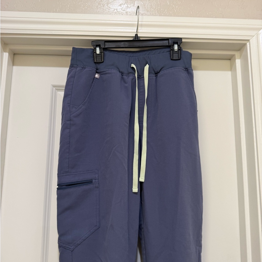 Figs blue / grey Jogger scrub Pants with Light Green Drawstring